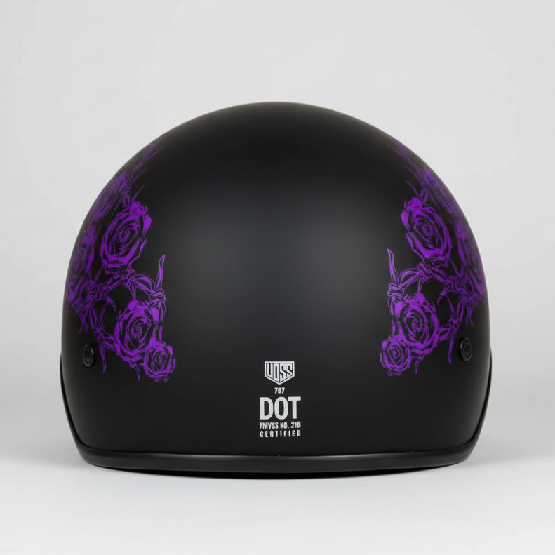 VOSS 707FRP Black Skull and Rose Half Helmet with Peak