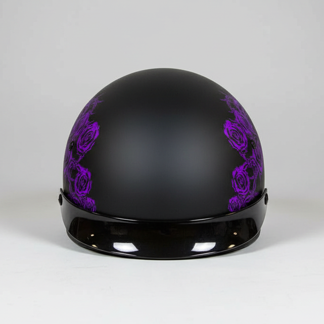 VOSS 707FRP Black Skull and Rose Half Helmet with Peak