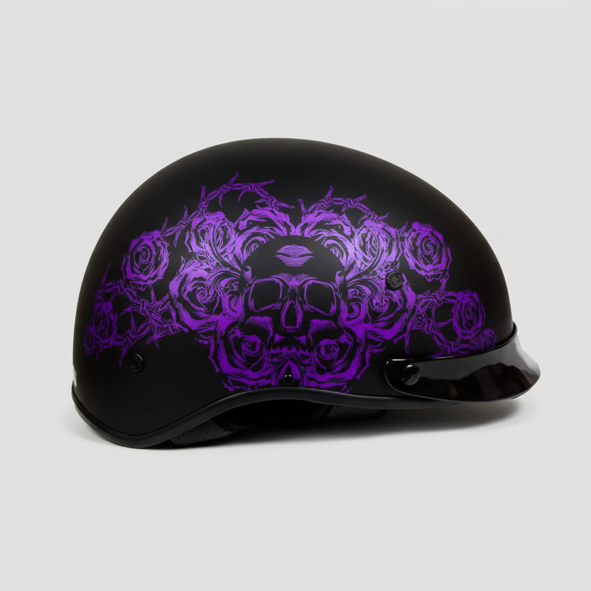 VOSS 707FRP Black Skull and Rose Half Helmet with Peak