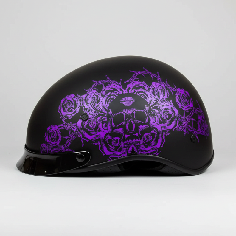 VOSS 707FRP Black Skull and Rose Half Helmet with Peak