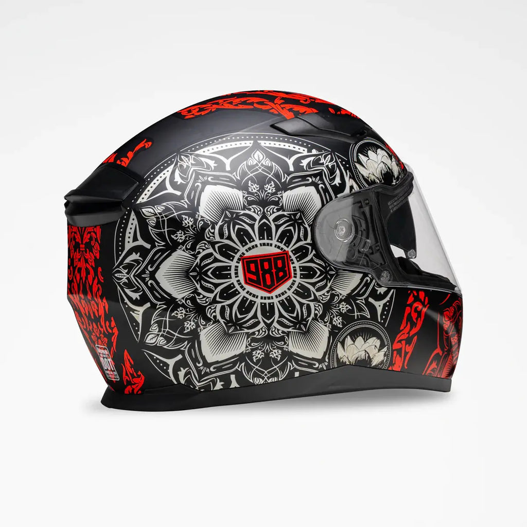 VOSS 988 Moto-1 Red Mandala Full Face Matte Motorcycle Helmet