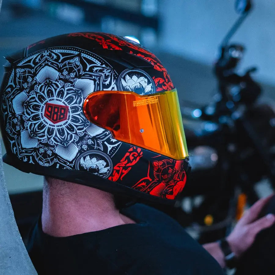 VOSS 988 Moto-1 Red Mandala Full Face Matte Motorcycle Helmet