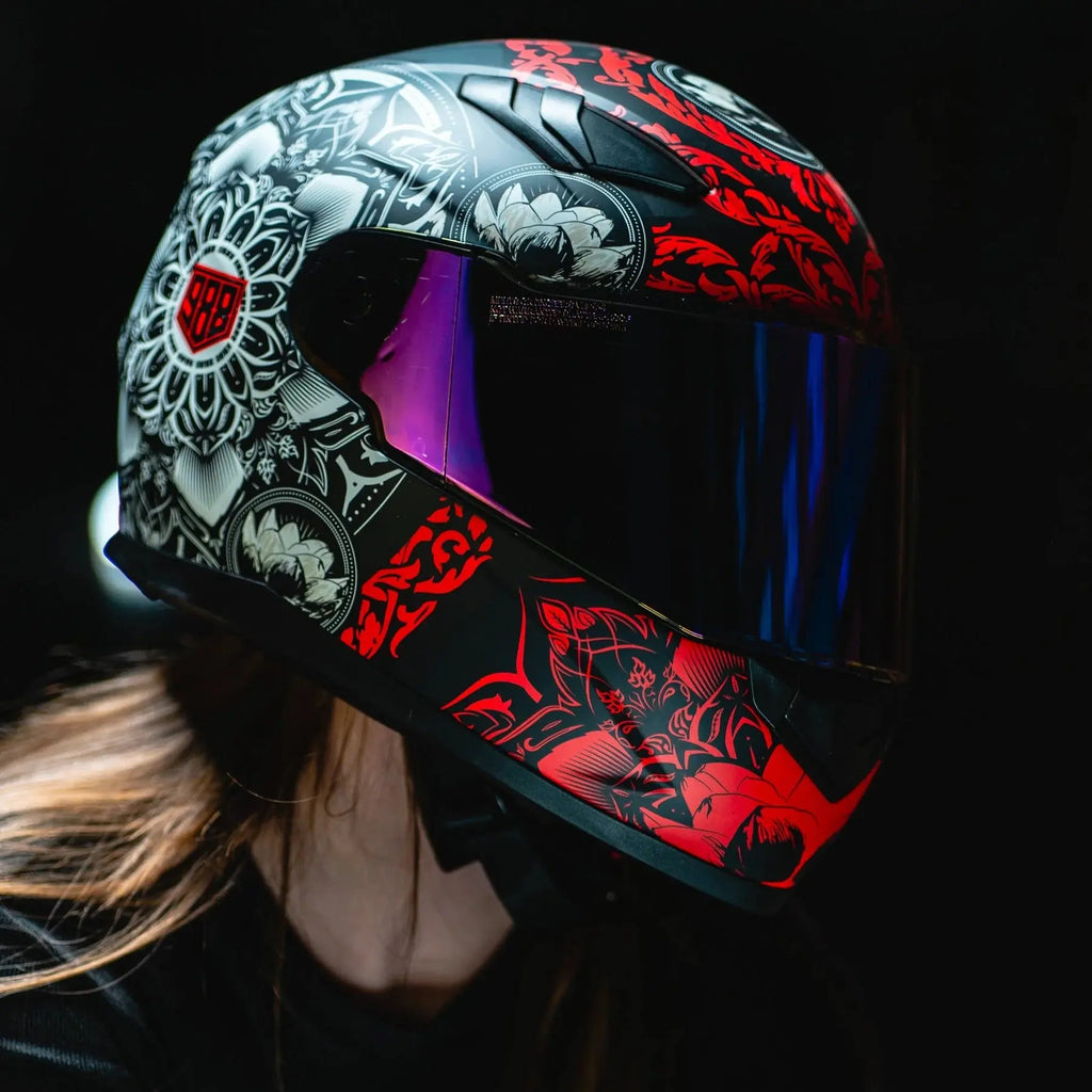 VOSS 988 Moto-1 Red Mandala Full Face Matte Motorcycle Helmet
