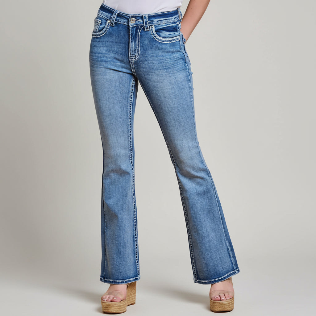 Westfield Eagle Women’s Embroidered Bootcut Jeans. High Waisted Saddle Stitch Stretch Denim