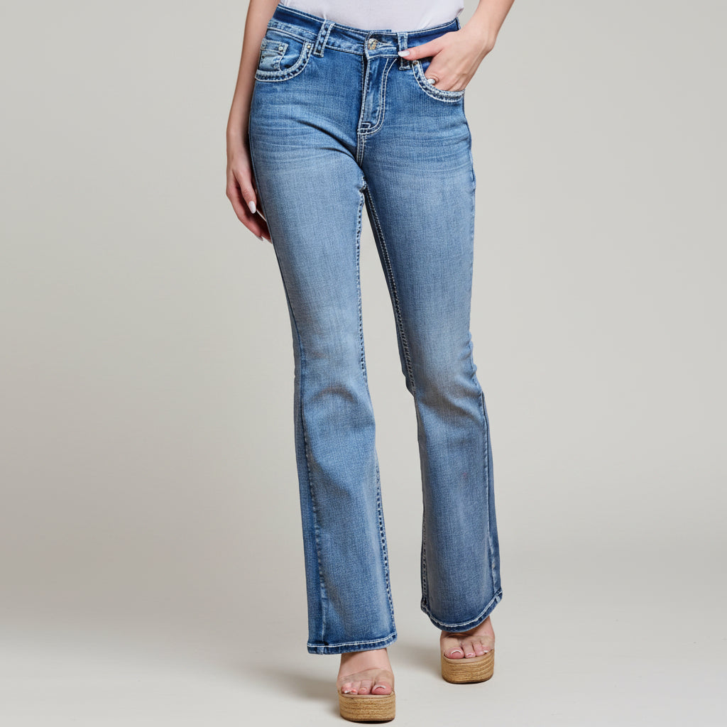 Westfield Eagle Women’s Embroidered Bootcut Jeans. High Waisted Saddle Stitch Stretch Denim