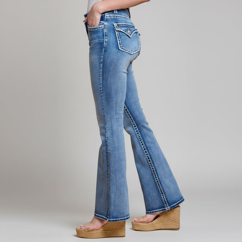 Westfield Eagle Women’s Embroidered Bootcut Jeans. High Waisted Saddle Stitch Stretch Denim
