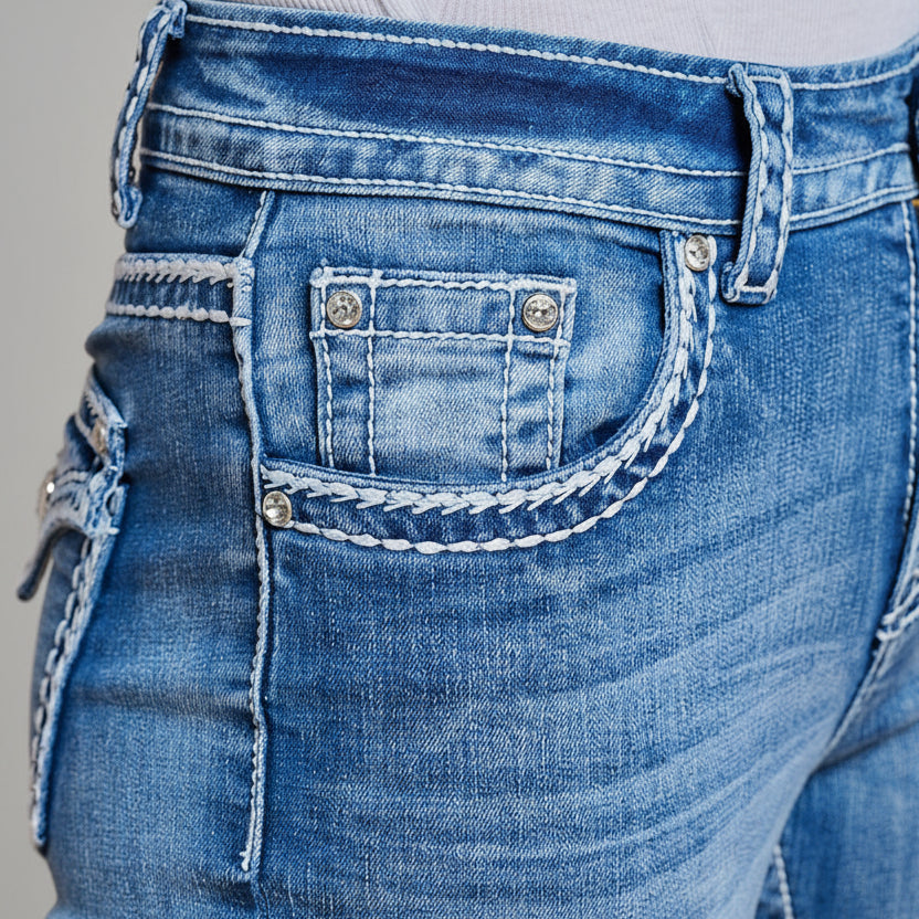 Westfield Eagle Women’s Embroidered Bootcut Jeans. High Waisted Saddle Stitch Stretch Denim