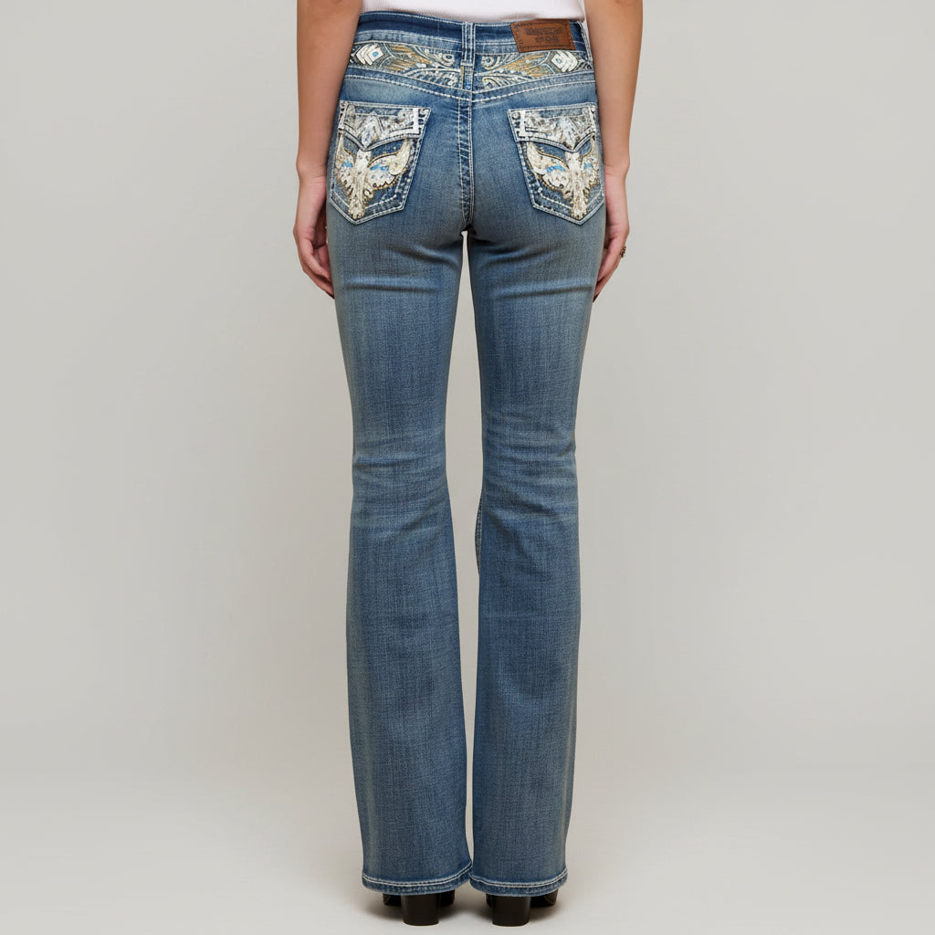 Westfield Eagle Women’s Embroidered Bootcut Jeans. High Waisted Eagle Bling Denim
