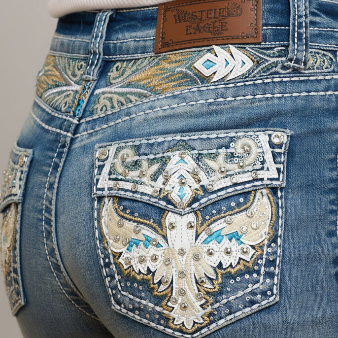 Westfield Eagle Women’s Embroidered Bootcut Jeans. High Waisted Eagle Bling Denim