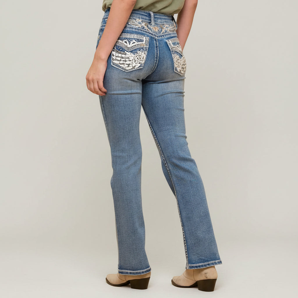 Westfield Eagle Women’s Embroidered Bootcut Jeans. Wings & Rose Bling Denim