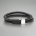 Men's Black Leather & Stainless Steel Wire Braided Bracelet