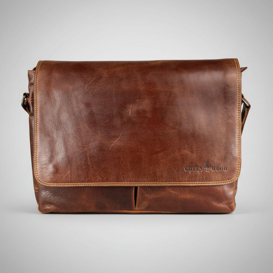 Greenwood Leather Laptop Bag. Premium Waxed Full-Grain Leather Briefcase for 16" Laptops