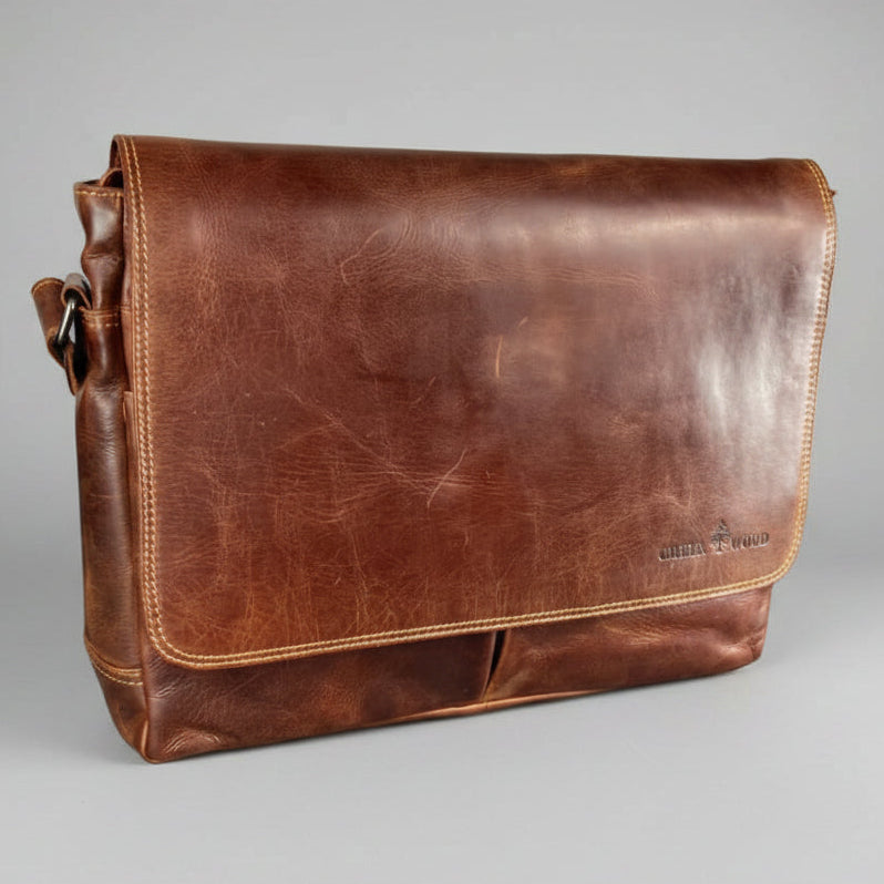 Greenwood Leather Laptop Bag. Premium Waxed Full-Grain Leather Briefcase for 16" Laptops