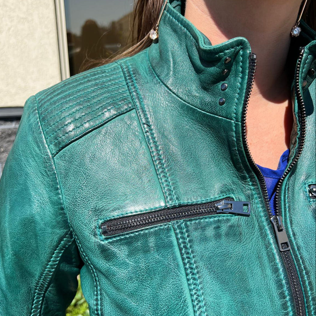 Women's Classic Sheep Leather Jacket. Standing Collar with Studs, 4 Zippered Pockets & Shoulder Accent Stitching