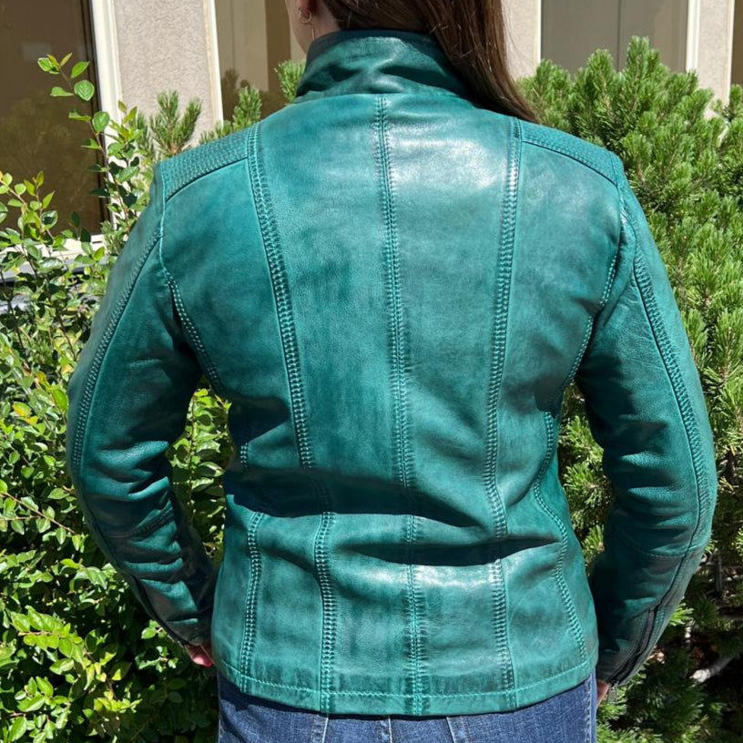 Women's Classic Sheep Leather Jacket. Standing Collar with Studs, 4 Zippered Pockets & Shoulder Accent Stitching