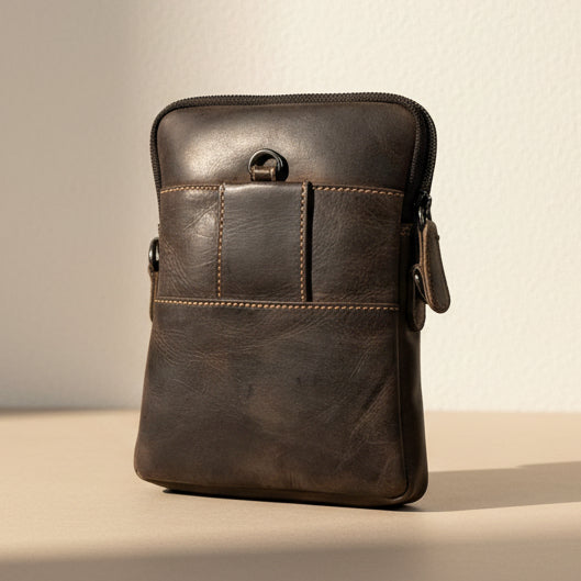 Greenwood Leather Mini Crossbody Bag. Premium 3-Zipper Travel Organizer