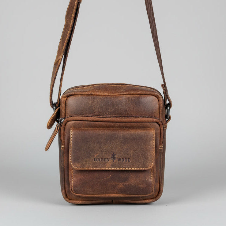 Greenwood Leather Mini-Messenger Bag. Premium Compact Crossbody Travel Organizer