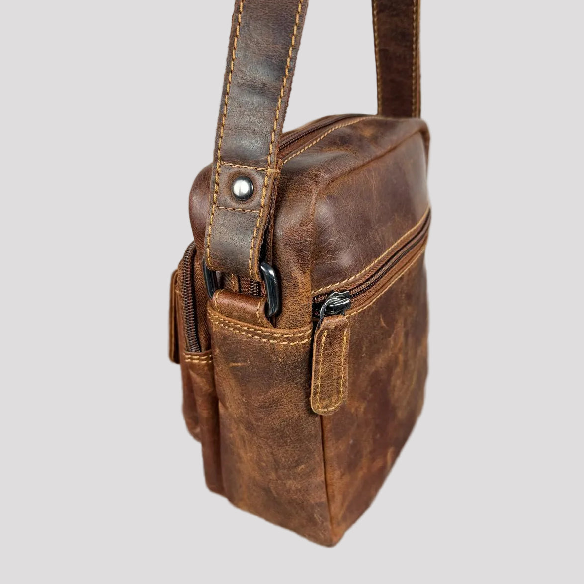 Greenwood Leather Mini-Messenger Bag. Premium Compact Crossbody Travel Organizer