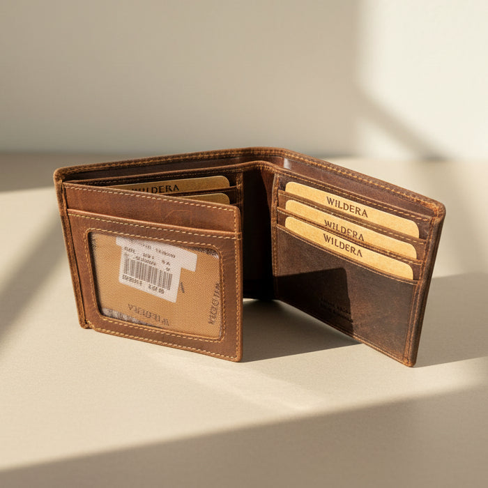 Greenwood Leather Men's Bifold Wallet. Premium RFID Protection Wallet with Flip ID Window