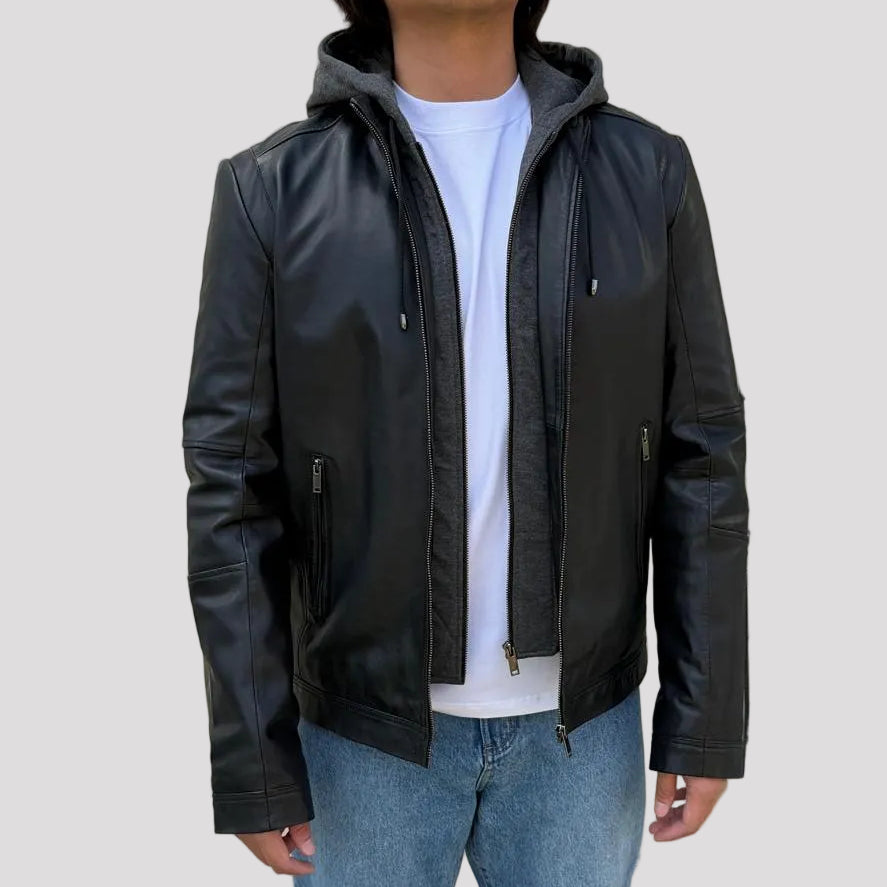 Men's Lamb Leather Hoodie Jacket with Detachable Hood
