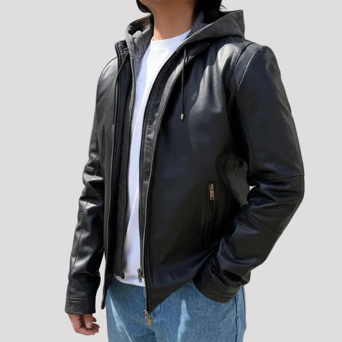 Men's Lamb Leather Hoodie Jacket with Detachable Hood