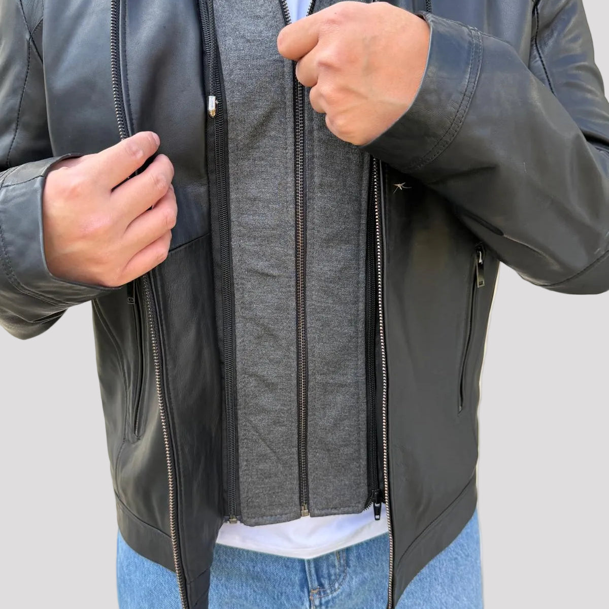 Men's Lamb Leather Hoodie Jacket with Detachable Hood