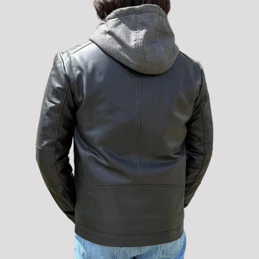 Men's Lamb Leather Hoodie Jacket with Detachable Hood