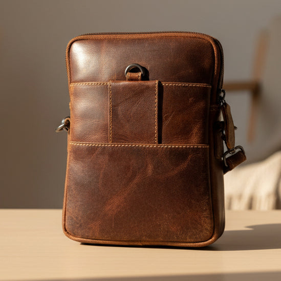 Greenwood Leather Mini Crossbody Bag. Premium 3-Zipper Travel Organizer