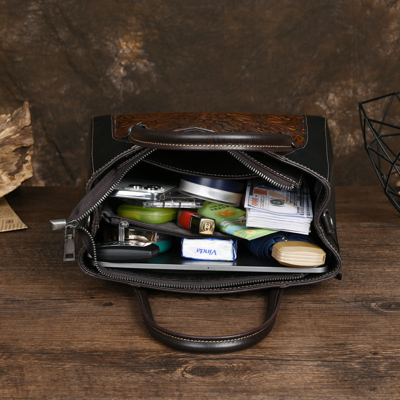 Single-shoulder Slanted-top Full-grain Leather Tote Bag With Leather Carving