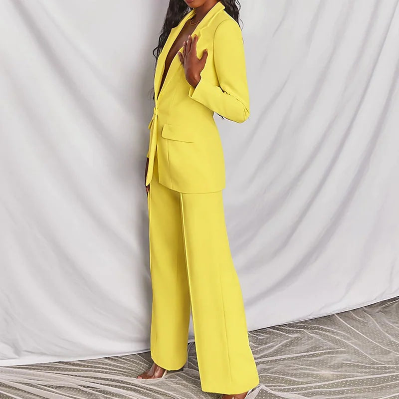 Women's Business Suit Set – Lapel Button-Down Blazer and Straight Leg Trousers