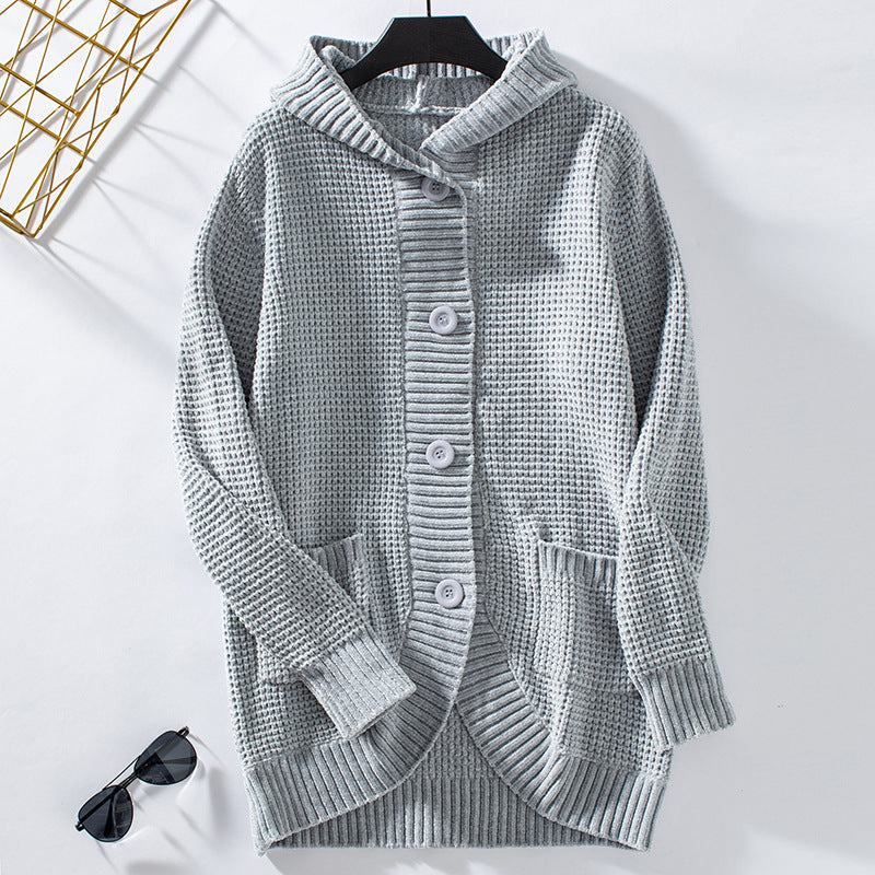 Women's Hooded Loose-Fit Mid-Length Knit Sweater