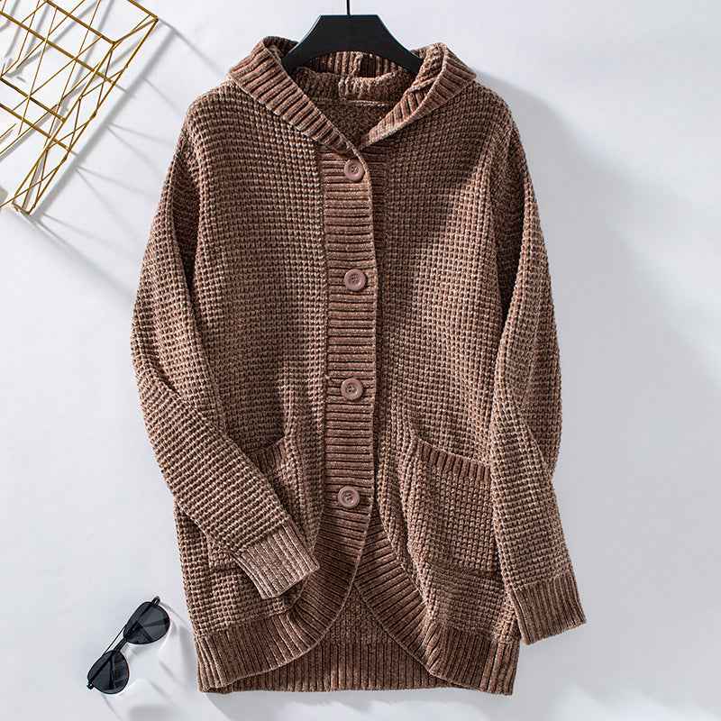 Women's Hooded Loose-Fit Mid-Length Knit Sweater