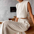 Women's Cotton Linen Two Piece Set – Sleeveless Blouse and Wide Leg Trousers Outfit
