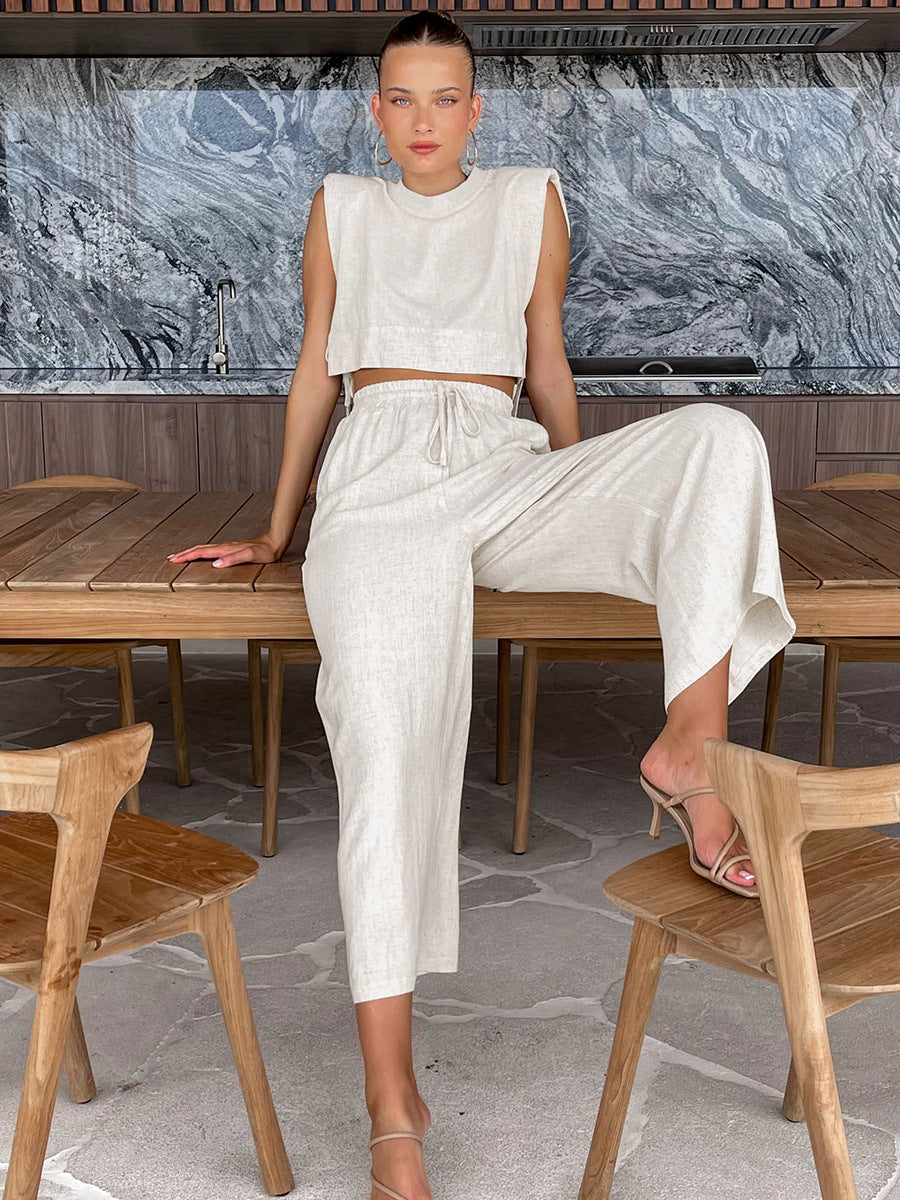 Women's Cotton Linen Two Piece Set – Sleeveless Blouse and Wide Leg Trousers Outfit