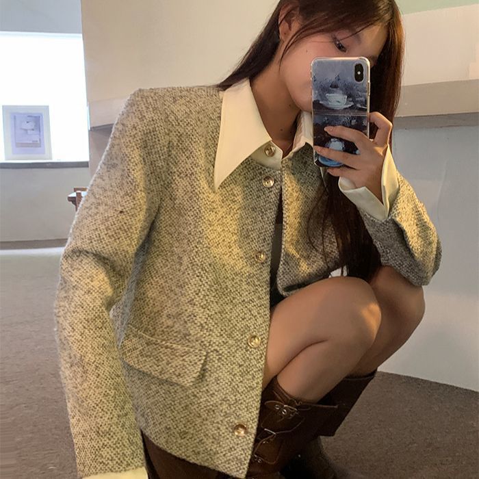 Women's Trendy Vintage Tweed Button-Up Long-Sleeve Top