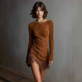 Women's Faux Suede Tassel Midi Dress - Long Sleeve Patchwork Dress