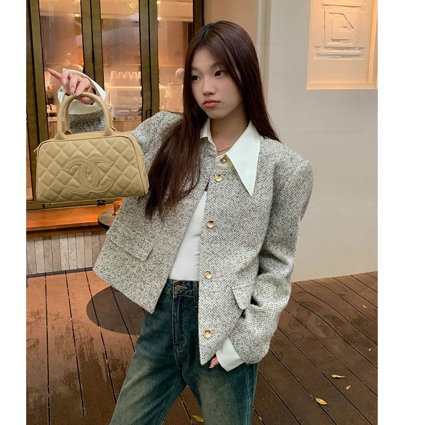 Women's Trendy Vintage Tweed Button-Up Long-Sleeve Top