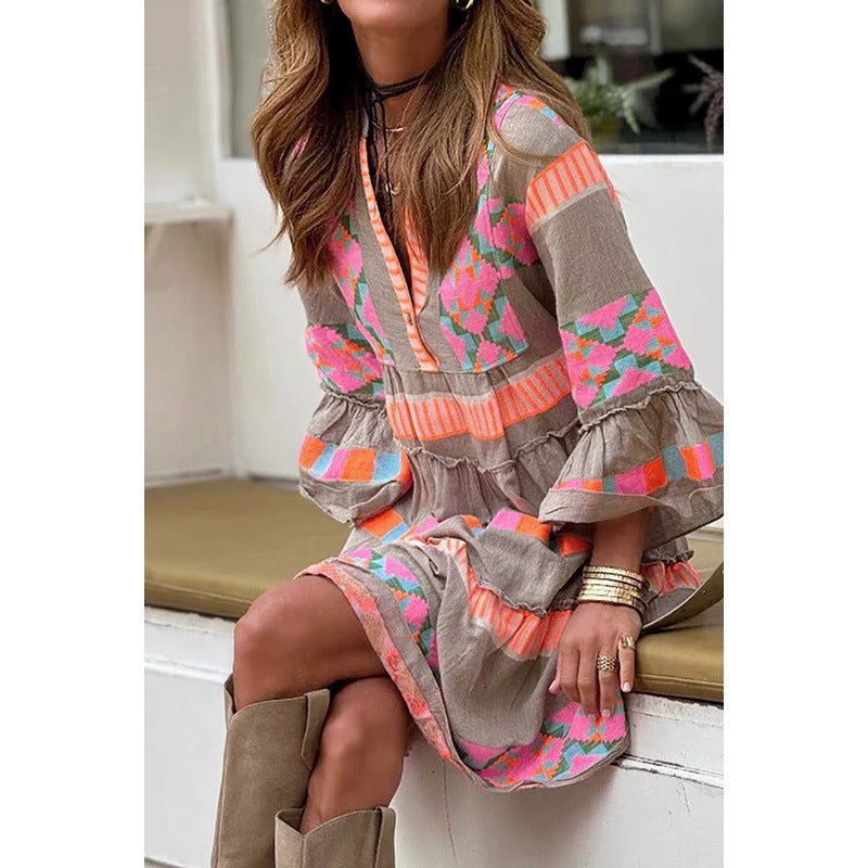 Fashion Print V-Neck Dress – Summer Ruffle A-Line Three-Quarter Sleeve Dress for Women