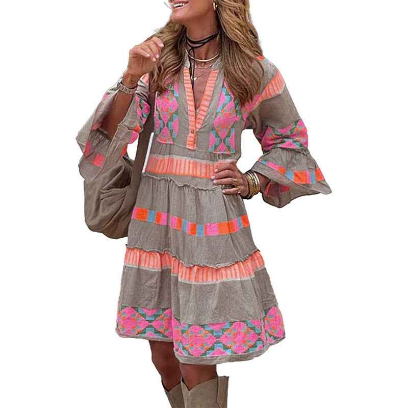 Fashion Print V-Neck Dress – Summer Ruffle A-Line Three-Quarter Sleeve Dress for Women
