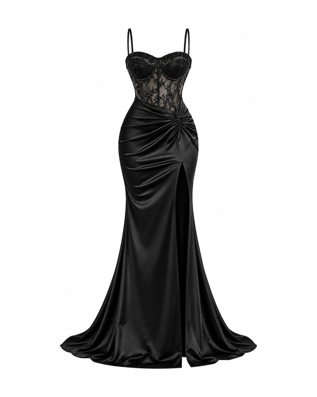 Black Satin Corset Gown with Lace Bodice and High Slit – Elegant Evening Dress