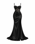 Black Satin Corset Gown with Lace Bodice and High Slit – Elegant Evening Dress