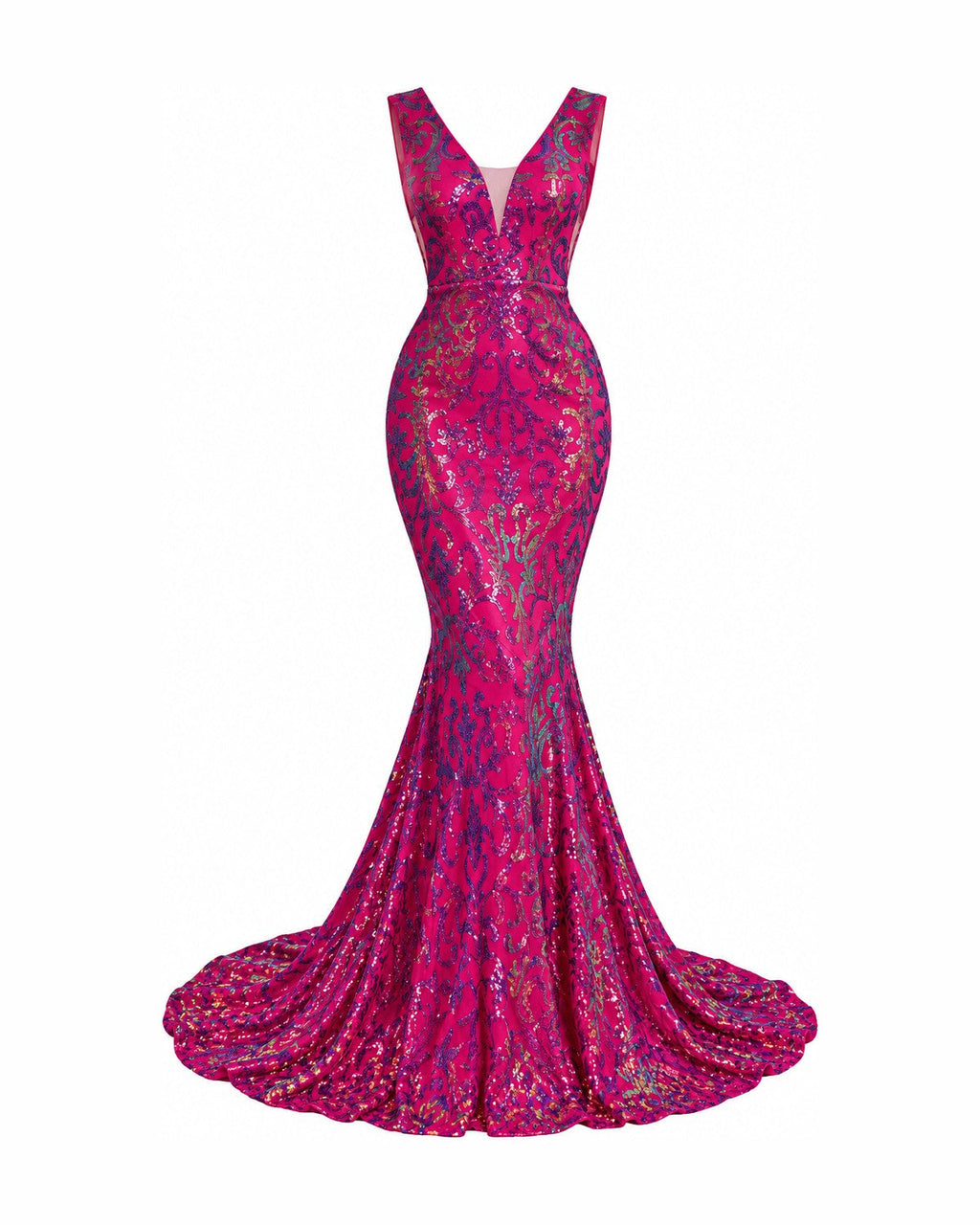 V-Neck Mesh Sequin Mermaid Maxi Dress - Fuchsia
