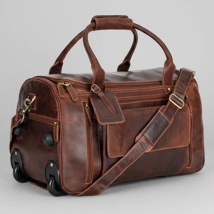Greenwood Leather Wheeled Duffel Bag. Vintage Sandel Travel Trolley