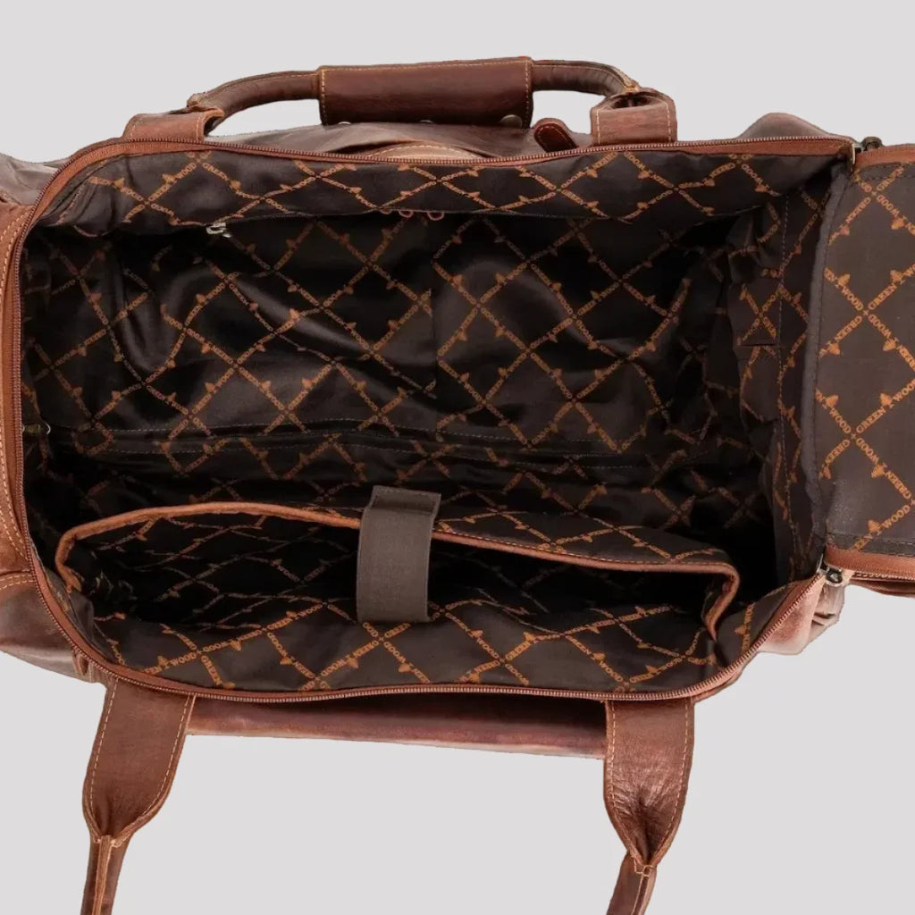 Greenwood Leather Wheeled Duffel Bag. Vintage Sandel Travel Trolley