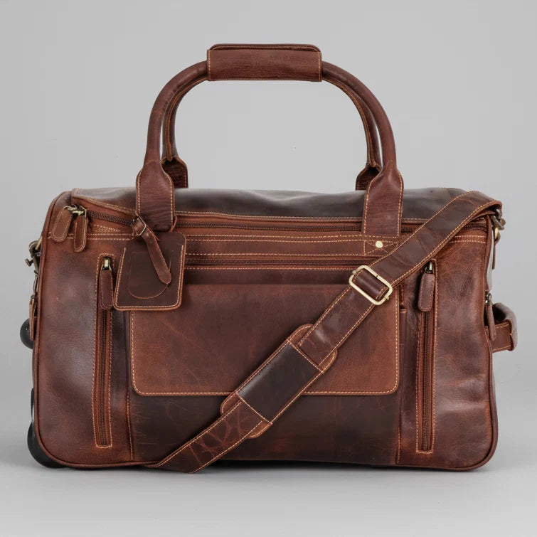 Greenwood Leather Wheeled Duffel Bag. Vintage Sandel Travel Trolley