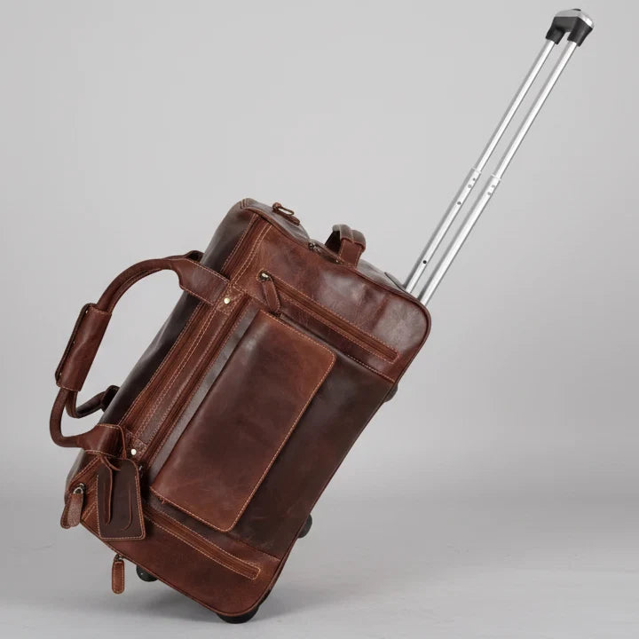 Greenwood Leather Wheeled Duffel Bag. Vintage Sandel Travel Trolley