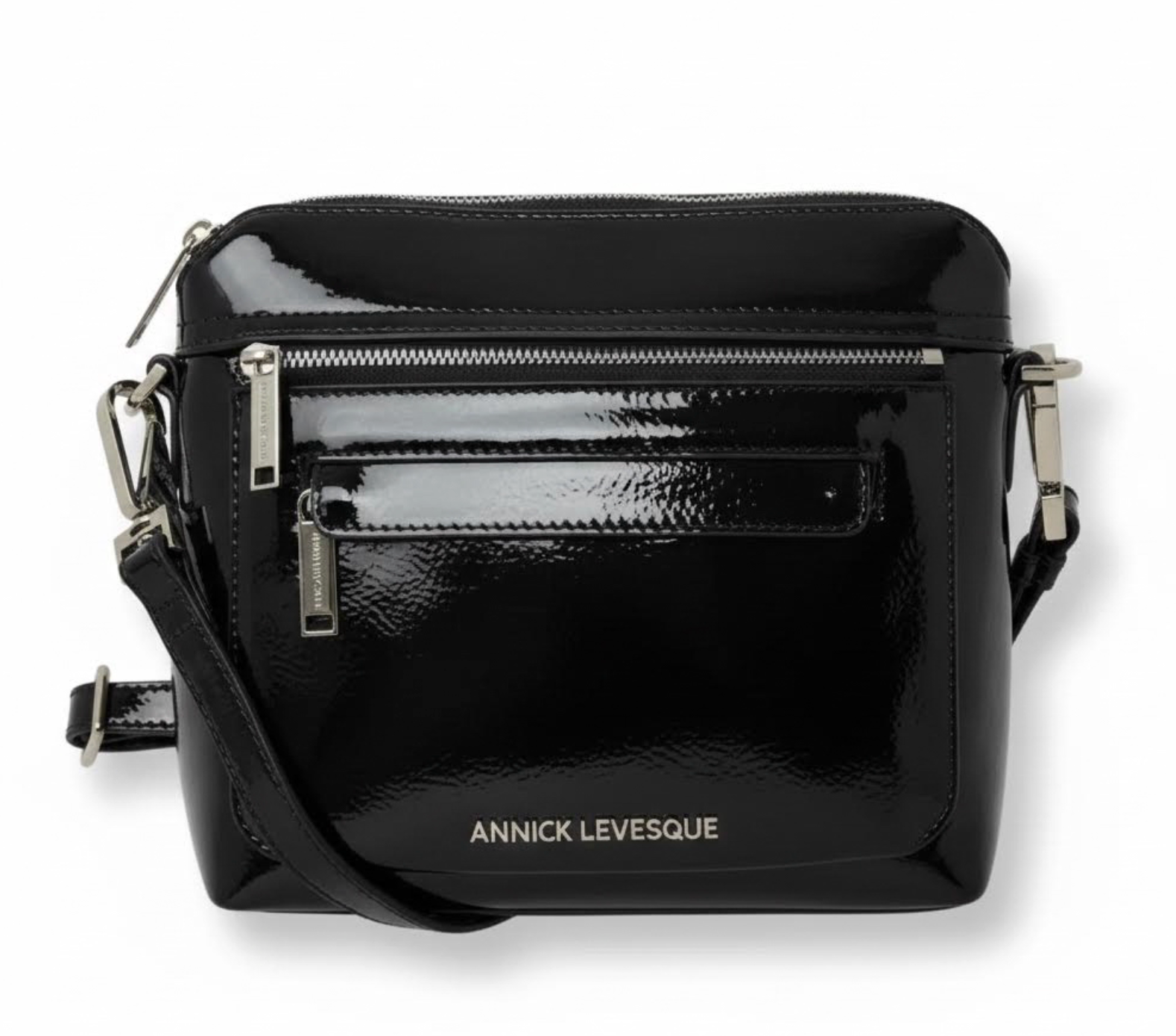 Petit Sac à Bandoulière en Cuir Noir vernis, Brigitte