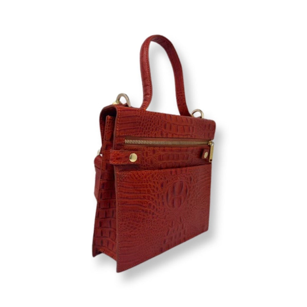 Sac à main en cuir véritable Roxanne, Rouge embossé croco