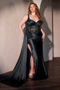 Satin sash and a flattering leg slit dress