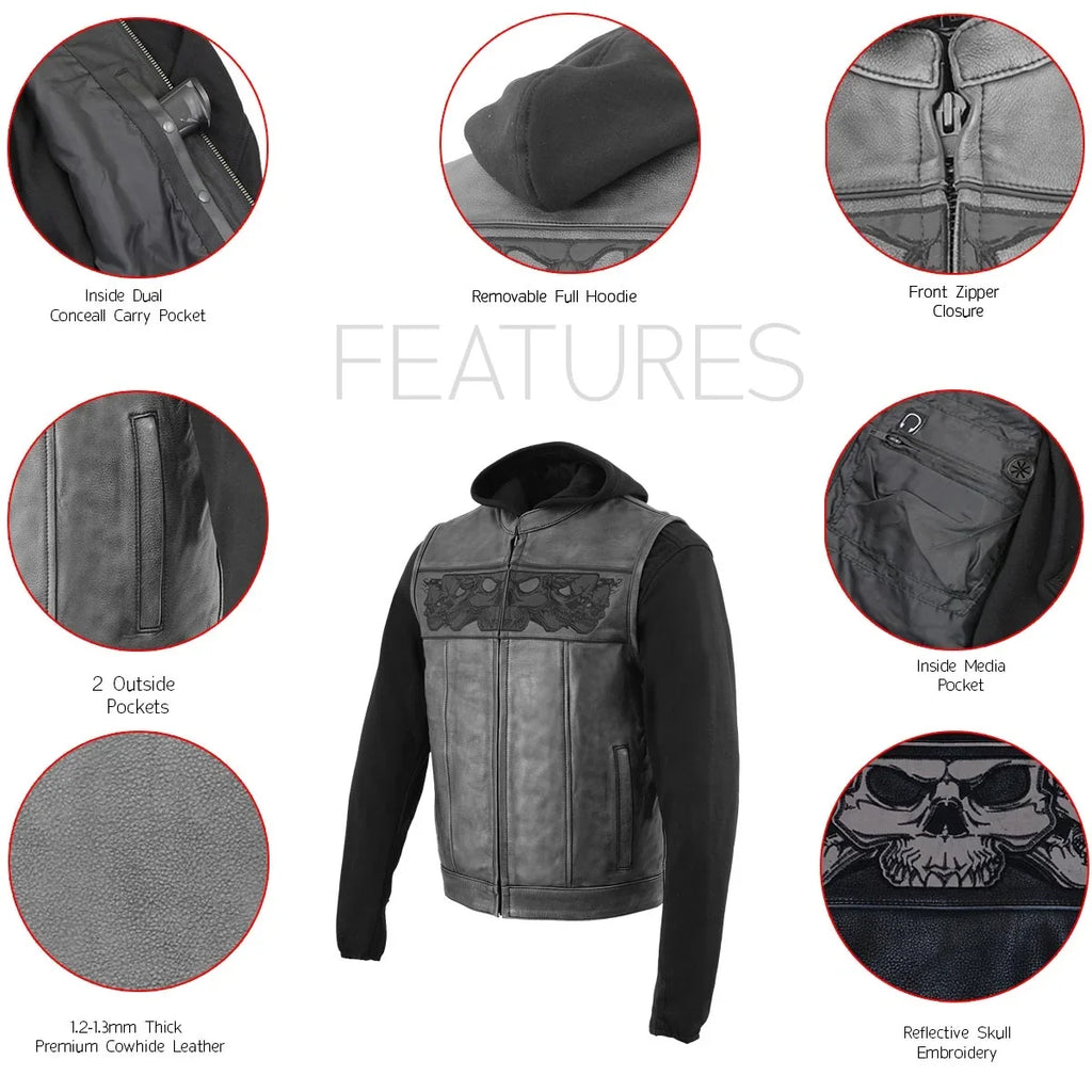 Milwaukee Leather Men's Black Leather Vest with Reflective Skulls & Full Hoodie Liner